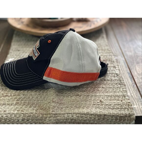 Harley Davidson Motorcycle Black Biker Hat Dad Cap Black Orange Adjustable Wisco - Picture 4 of 6